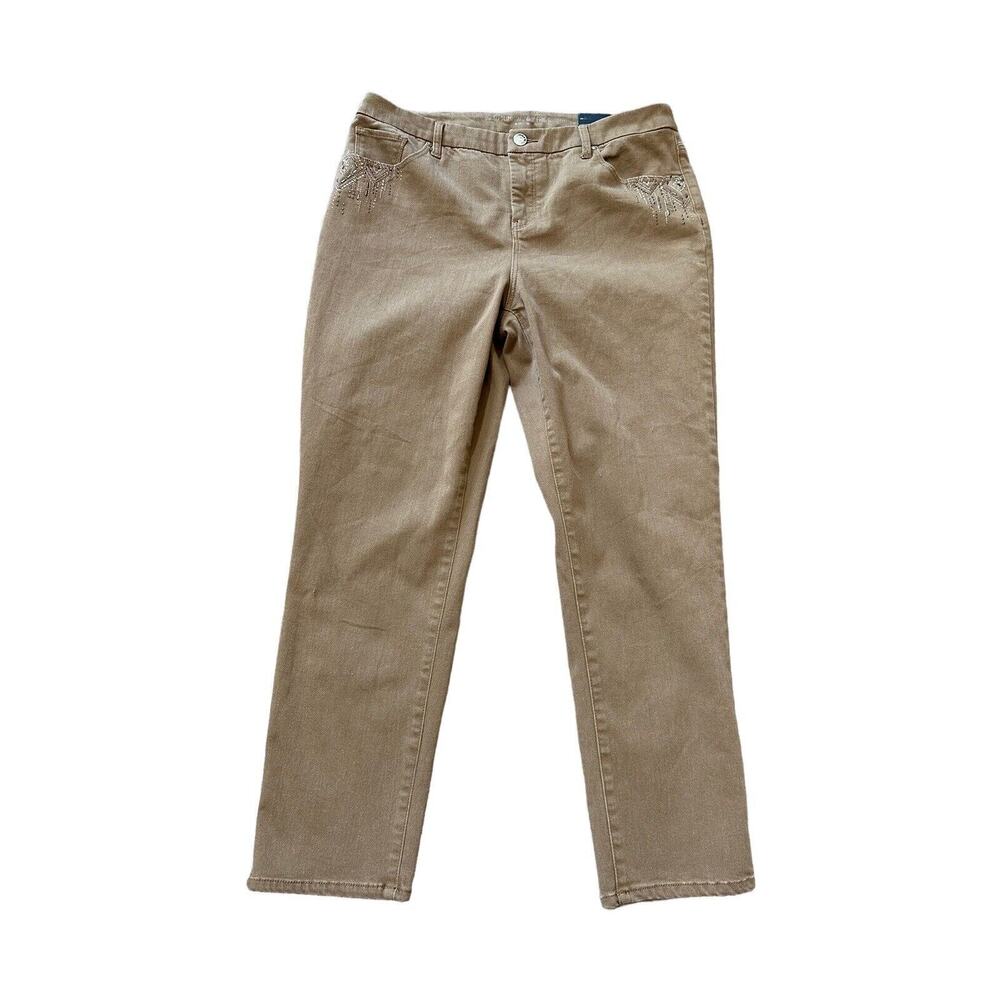 Chico's Women's 2/L Jeans Girlfriend Ankle So Slimming Light Brown Beaded Pocket